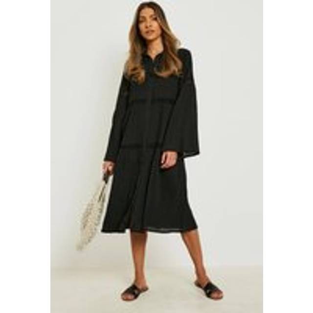 Womens Cheesecloth Flare Sleeve Shirt Dress - Black - 8, Black