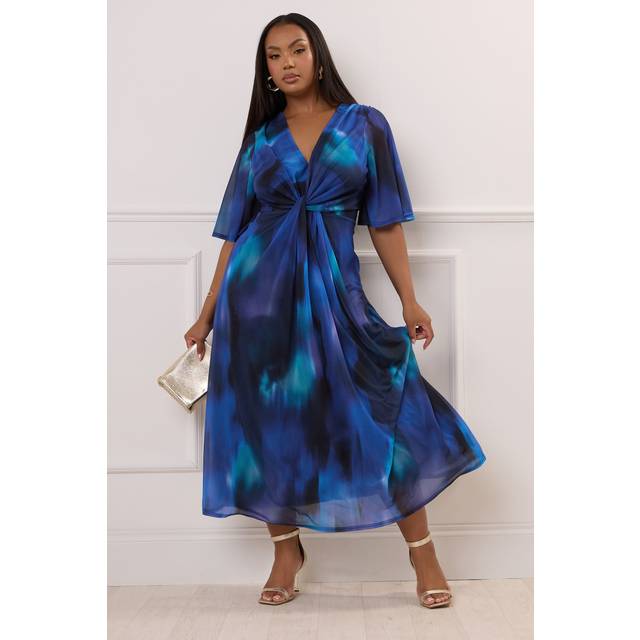 Yours London Curve Blue Abstract Print Knot Front Maxi Dress, Women's Curve & Plus Size, Yours London - 20