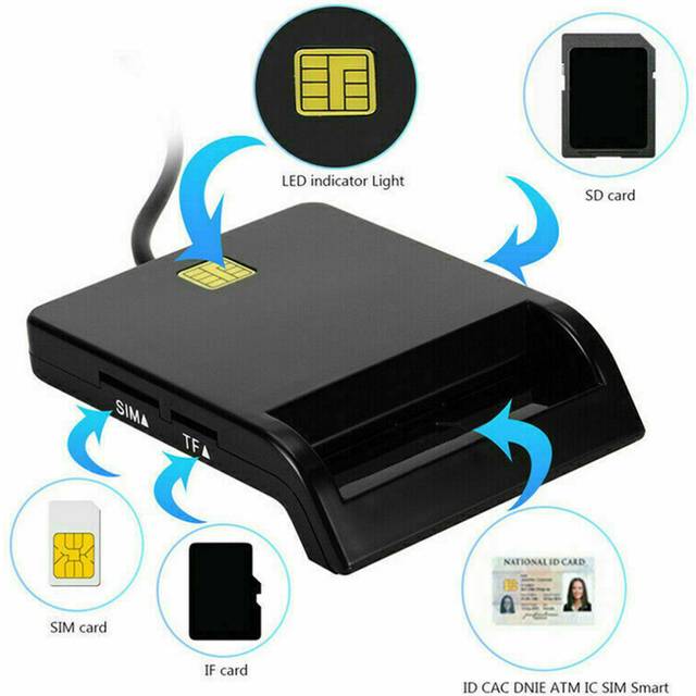 (Black) Portable USB 2.0 Smart Card Reader DNIE ATM CAC IC ID Bank Card SIM Card Cloner Connector Black White Color for Windows Linux