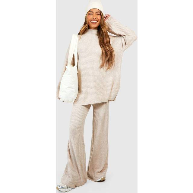 Womens Soft Rib Knit Wide Leg Trousers - Beige - M, Beige