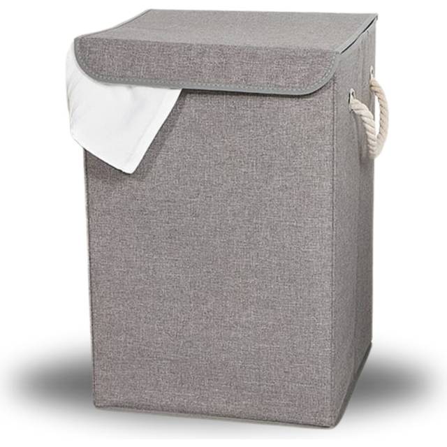 (Dark Grey) Folding Laundry Basket with Rope Handles & Lid, 100% Polyester Washing Baskets