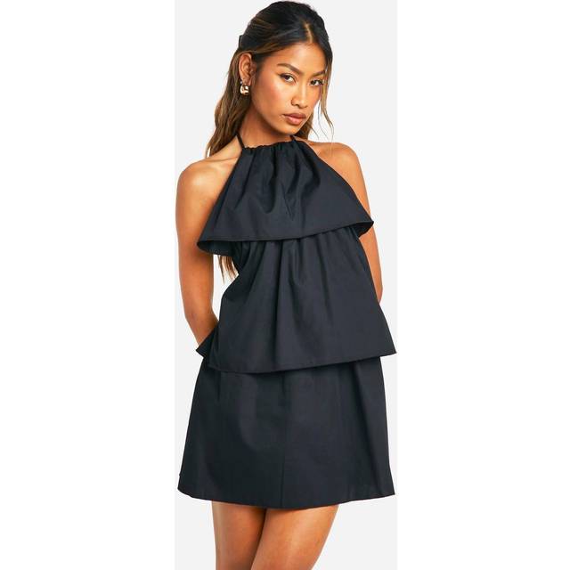 Womens Halterneck Ruffle Cotton Poplin Playsuit - Black - 10, Black