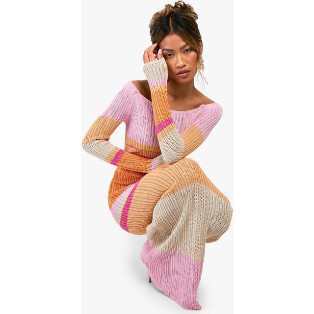 Womens Premium Stripe Crochet Maxi Dress - Pink - M, Pink
