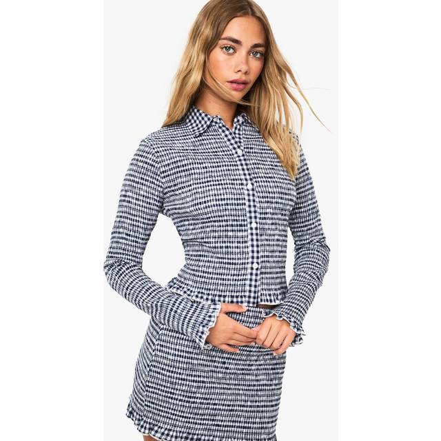 Womens Smocked Gingham Long Sleeve Crop Shirt - Navy - 14