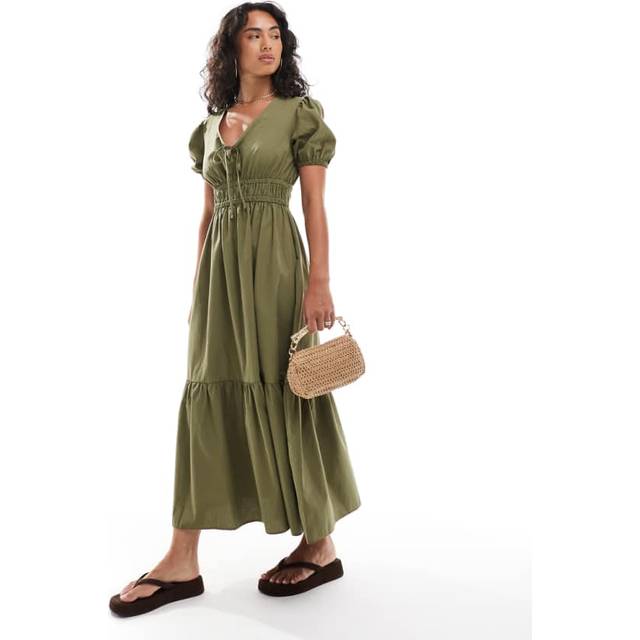 New Look Women's Light Khaki Cotton V-Neck Midi Smock Dress - UK 16