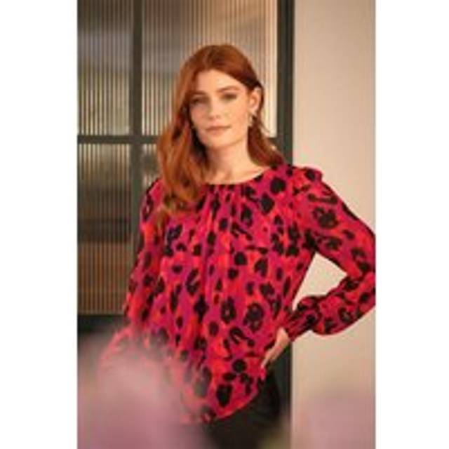 Pink Animal Print Long Sleeve Ruched Blouse - 16