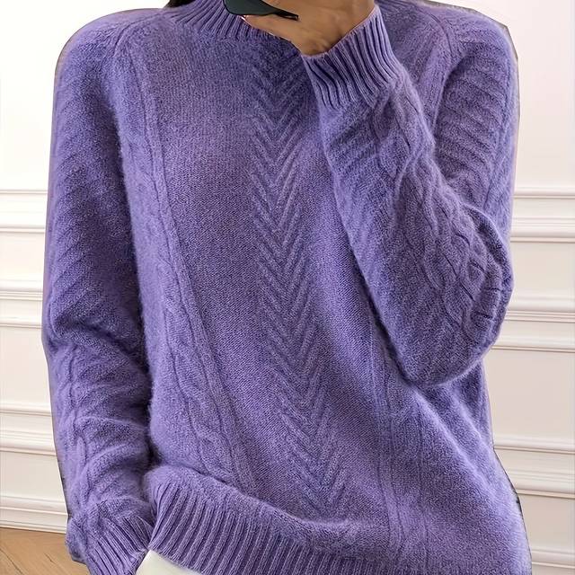 TEMU Women's Plus-size Oversized Ribbed Sweater - Soft Lavender Long Sleeve Half-turtleneck Pullover, 100% Polyester Machine-washable Winter Top For Casual & Formal Wear