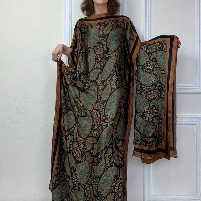 TEMU Elegant Floral Print Boat Neck Abaya With Batwing Sleeves - Loose Fit Maxi Dress For Women,