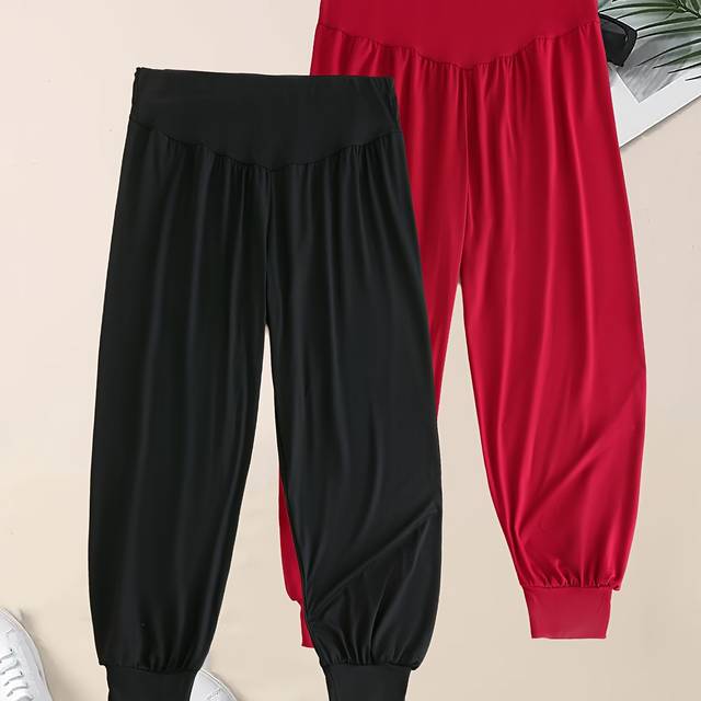 TEMU 2pcs Women's High-waist Harem Joggers - Stretchy Polyester, Elastic Waistband, Fit, Solid Color Black & White, Casual Wear, Spring/fall | Smooth Fabric Joggers | Comfortable Clothing