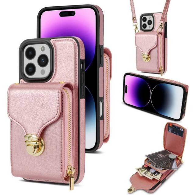 (Rose Gold ) Compatible with iphone 16 Pro Max Zipper Pocket Case Double-layer Purse Anti-shock Metal Snap Pu Leather Wallet Case