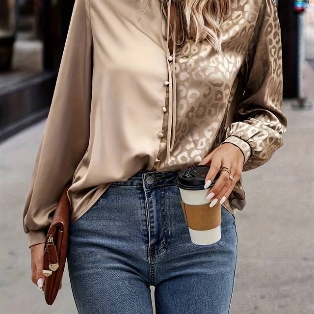 TEMU Women's Elegant Leopard Print Long Sleeve Blouse - 100% Polyester Round Neck Button-up Shirt, Machine Washable & Dry , Versatile Top For Casual & Formal Outfits