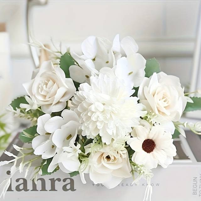 TEMU 1pc Elegant Artificial Rose And Daisy Bouquet With Peonies – Cream, Pink, , And Green Silk Flowers For Wedding, Engagement, Or Home Decor – Living Room Table Centerpiece