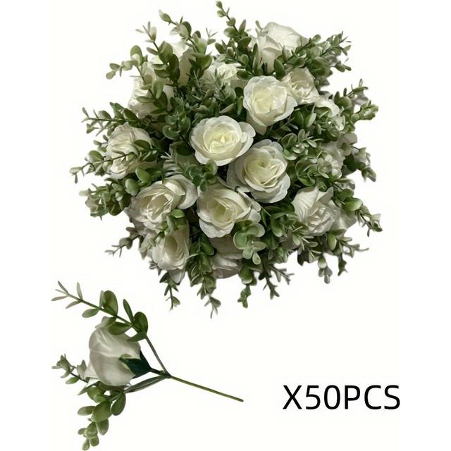 TEMU 50pcs Artificial Roses With Stems - Realistic Foam Flowers For Diy Wedding Bouquets, Bridal Showers, Day & Home Decor