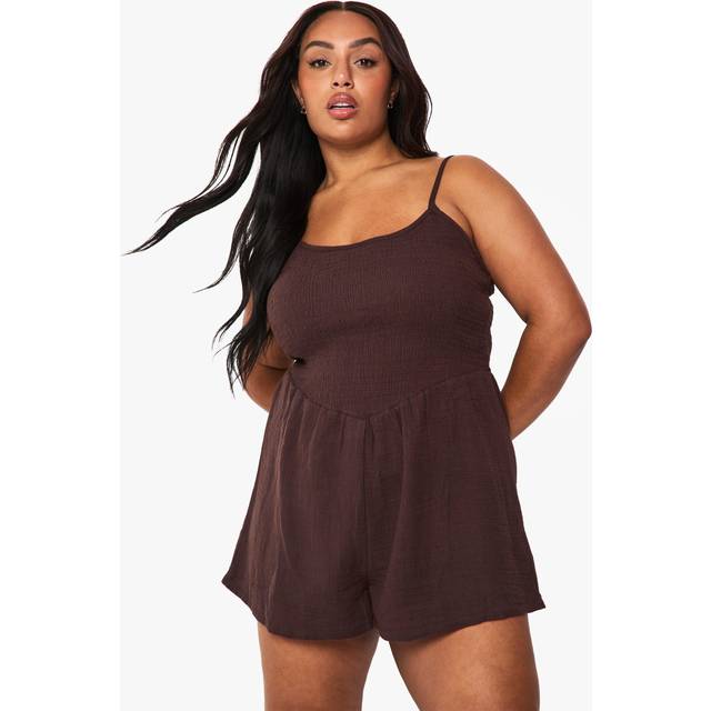 Womens Plus Shirred Cheesecloth Flippy Playsuit - Brown - 28, Brown