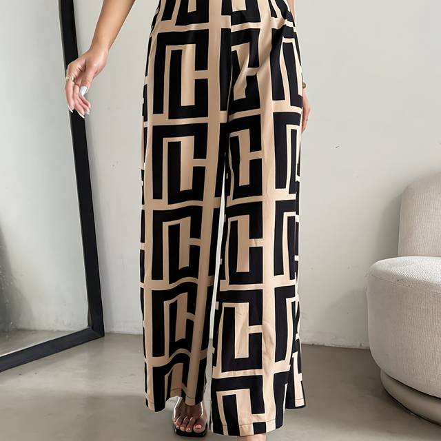 TEMU Women's Elegant Striped Wide-leg Pants - High-waisted, Geometric Pattern, , Black & Beige/white, Polyester Blend, Machine Washable, High Waisted Legs
