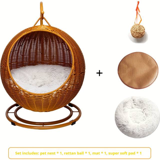 TEMU Large Hanging Basket Cat Bed Dog House Dual-season Pet Nest For , Large Size Rattan Woven Swing Cat/dog Hammock All- Mat With Washable Winter Creative Kennel