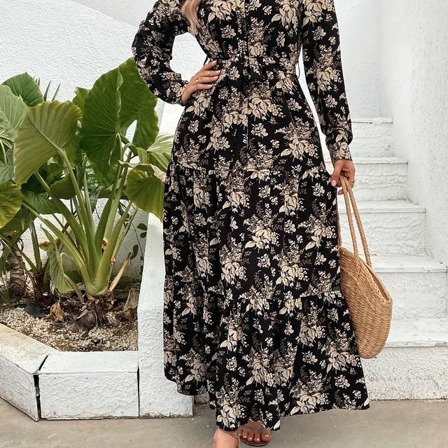 TEMU 1pc Elegant Floral Print Ruffle Hem Shirt Dress For Women, Polyester, Button Detail, Collared, Straight Cut, Spring/summer/autumn, Adult - Black And Beige