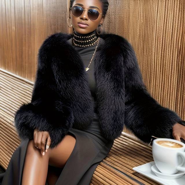 TEMU Faux Fur Open Front Fuzzy Coat, Elegant Chic Long Sleeve Warm Outerwear For Fall & Winter, Women's Clothing