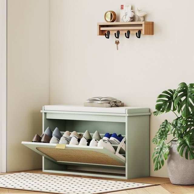 (Green) HOMCOM Boho Shoe Bench with Padded Seat and Flip-Drawer