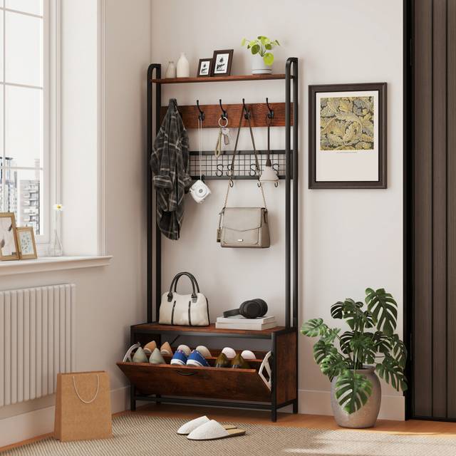 HOMCOM Industrial Hall Tree Coat Rack Stand with Shoe Cabinet Rustic Brown