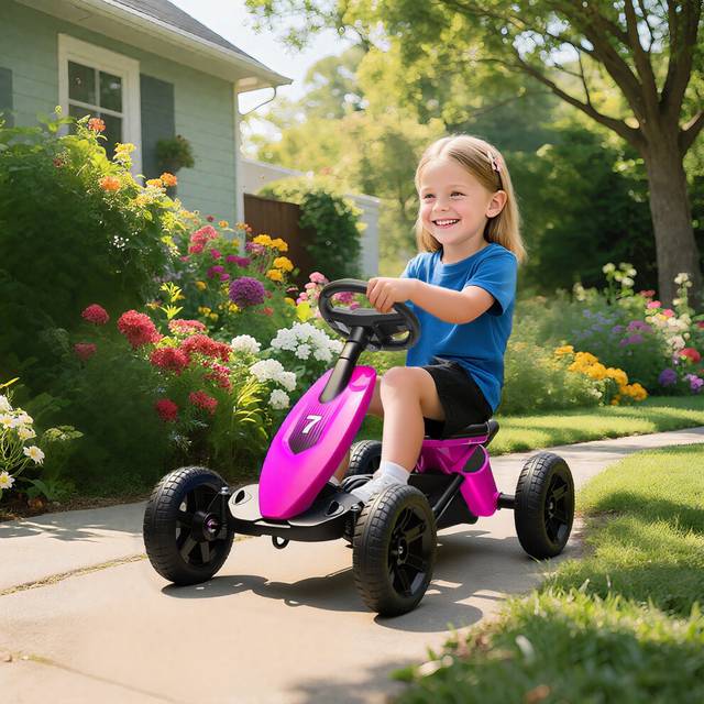 (Pink) AIYAPLAY Pedal Go-Kart for Kids with Silent EVA Wheels, Metal Frame