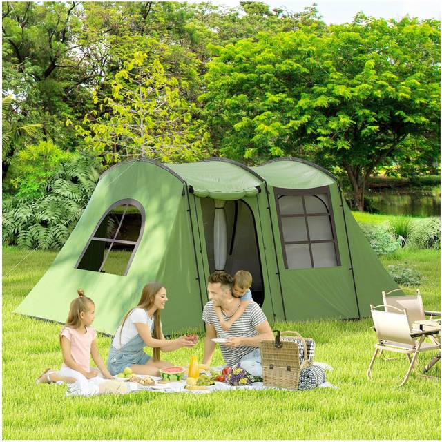 Outsunny 3-4 Man Tunnel Tent with Sewn in Floor, 3000mm Waterproof, Green
