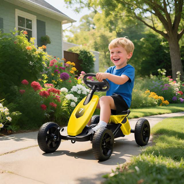 AIYAPLAY Pedal Go-Kart for Kids with Silent EVA Wheels - Metal Frame - Yellow | TJ Hughes