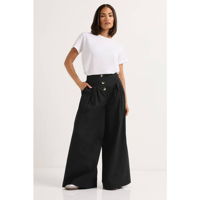 Pixiegirl Petite Black Button Wide Palazzo Trousers 14 Pixiegirl | Petite Women's Wide Leg Trousers