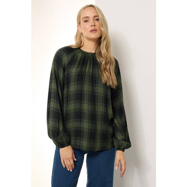Lts Tall Khaki Green Check Balloon Sleeve Blouse 20 Lts | Tall Women's Shirts & Blouses