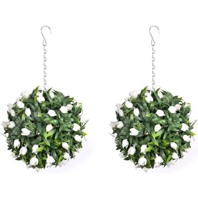 Pair of Best Artificial 24cm White Tulip Hanging Basket Flower  Ball