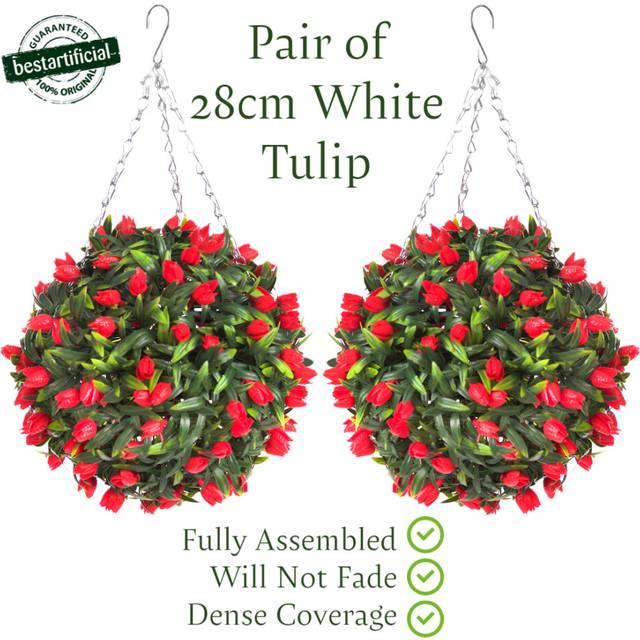 Pair of Best Artificial 28cm Red Tulip Hanging Basket Flower Ball
