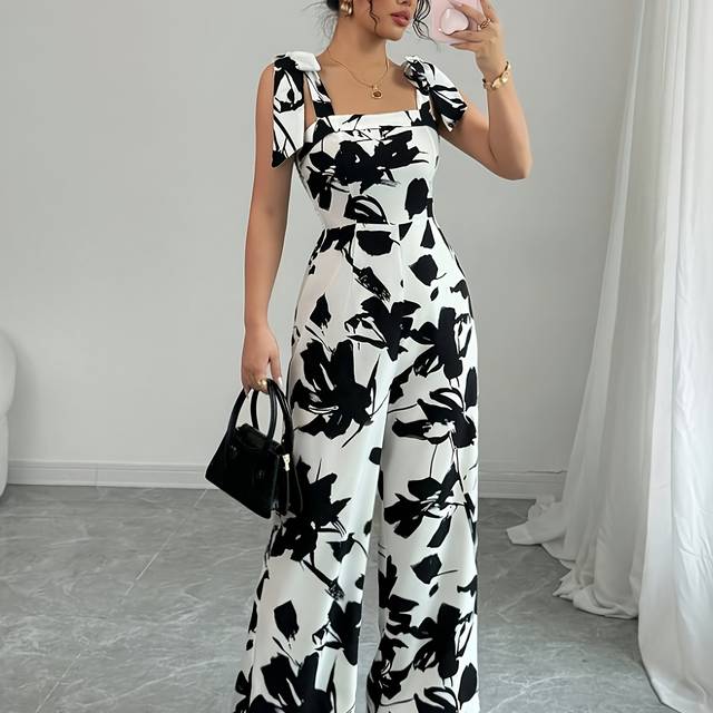 TEMU Women's Elegant Black & White Floral Print Jumpsuit - Off-shoulder Semi-sheer Wide-leg Pants With Ruched Waist, Machine Washable Lightweight Spring/ Outfit, Casual , , Fitted Silhouette