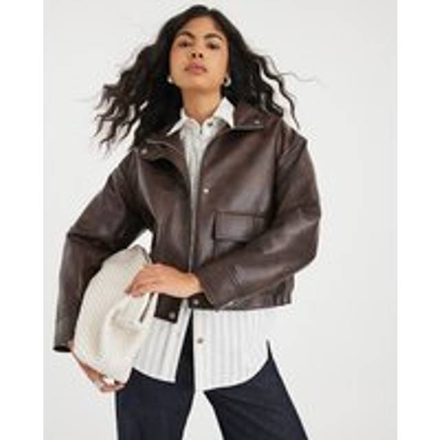 River Island Womens Brown Faux Leather Funnel Neck Bomber Jacket