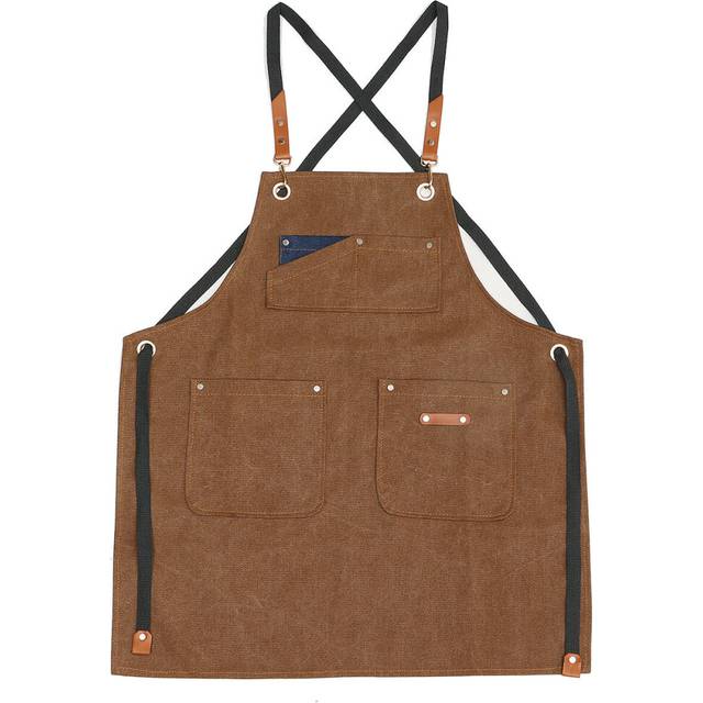 (Brown) Canvas Woodworking Apron Shop Apron Pockets Waxed Wax Cloth Waterproof Apron Chef Tool Storage