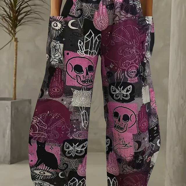 TEMU Plus Size Women's Loose Fit Cartoon Print Wide-leg Pants - Black With Pink Skull & , Machine Washable Casual Trousers For All , Cute Pants, Clothing, No Stretch Material