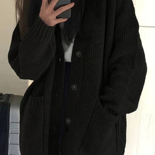 TEMU Women's Cozy V-neck Cardigan - Olive Sweater With Black Buttons, Long Sleeves, And Pockets For Fall/winter Casual Wear, Winter Cardigan