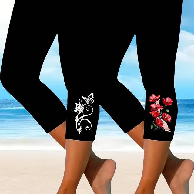 TEMU 2pcs Women's Plus Size Capri Leggings With Floral Print - High Stretch, Comfortable 3/4 Length Sports Pants For Spring, Summer & Fall