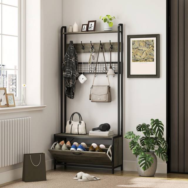 (Grey) HOMCOM Industrial Hall Tree Coat Rack Stand with Shoe Cabinet