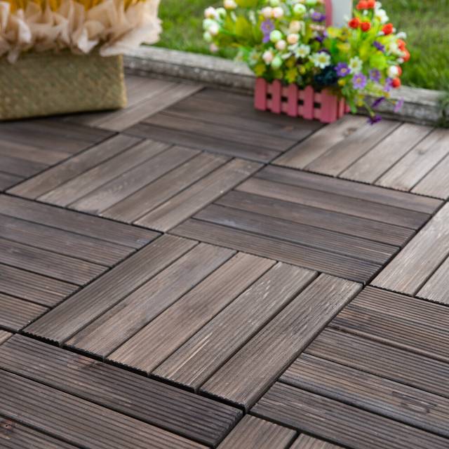 Outsunny 27pc Floor Tiles Interlocking Solid Wood DIY Deck Tiles Outdoor Black, Black