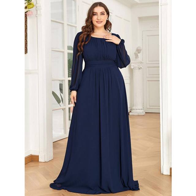 (navy blue, 5XL) Ever-pretty Plus Size Women&apos;s Round Neck Long Lantern Sleeve Chiffon Pleated Long Autumn Evening Party Dresses