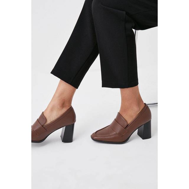 Womens Lola Square Toe High Heel Penny Loafers - Brown - 7