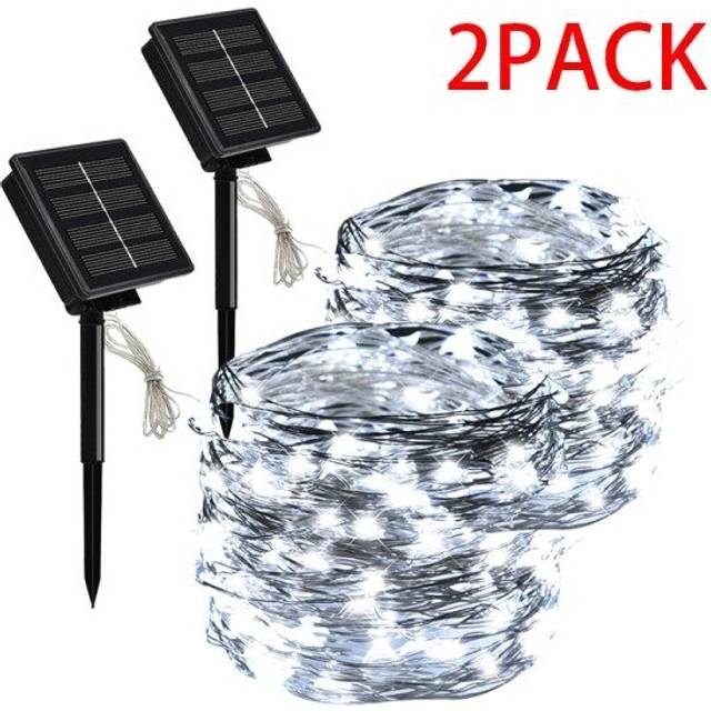 (2PCS White, 10M 100LED) LED Solar Light Outdoor Waterproof Fairy Garland String Lights Christmas Party Garden Solar Lamp