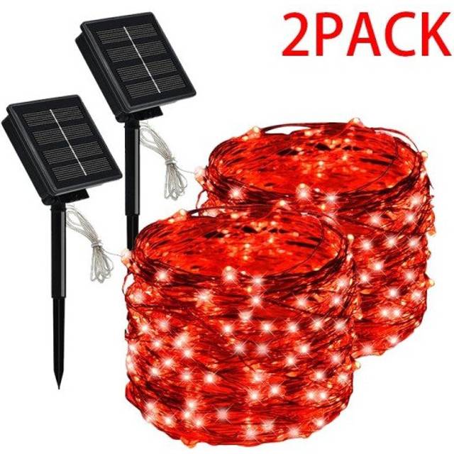 (2PCS Red, 10M 100LED) LED Solar Light Outdoor Waterproof Fairy Garland String Lights Christmas Party Garden Solar Lamp