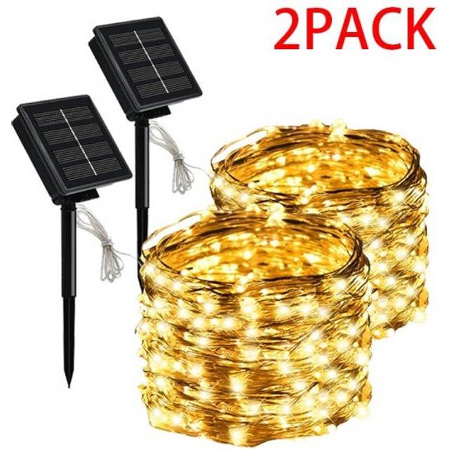 (2PCS Warm White, 10M 100LED) LED Solar Light Outdoor Waterproof Fairy Garland String Lights Christmas Party Garden Solar Lamp