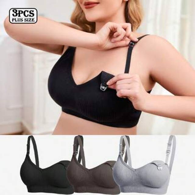 SHEIN 3pcs/Set Plus Size Maternity Nursing Bra With Front Clasp,Comfortable Wireless Bras To Prevent Sagging