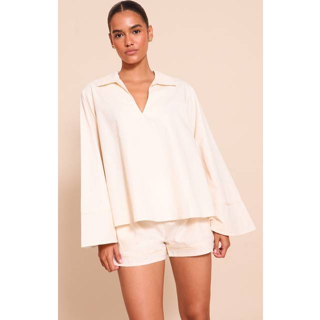 Cream Cotton Woven Pleate Detail Floaty Shorts, White - 16