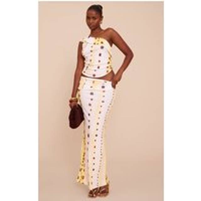 Cream Shell Print Onion Skin Low Waist Maxi Skirt, White - 4