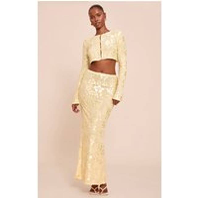 Butter Yellow Floral Sheer Maxi Skirt, Butter Yellow - 4
