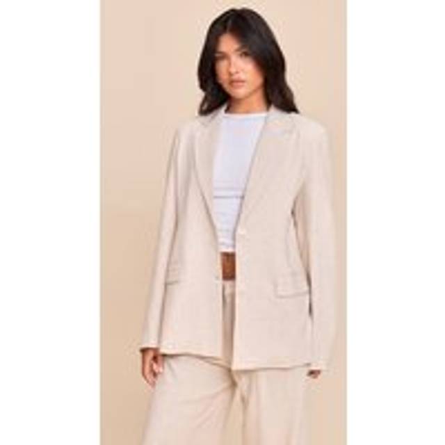Beige Tailored Linen Oversized Blazer, Camel - 12