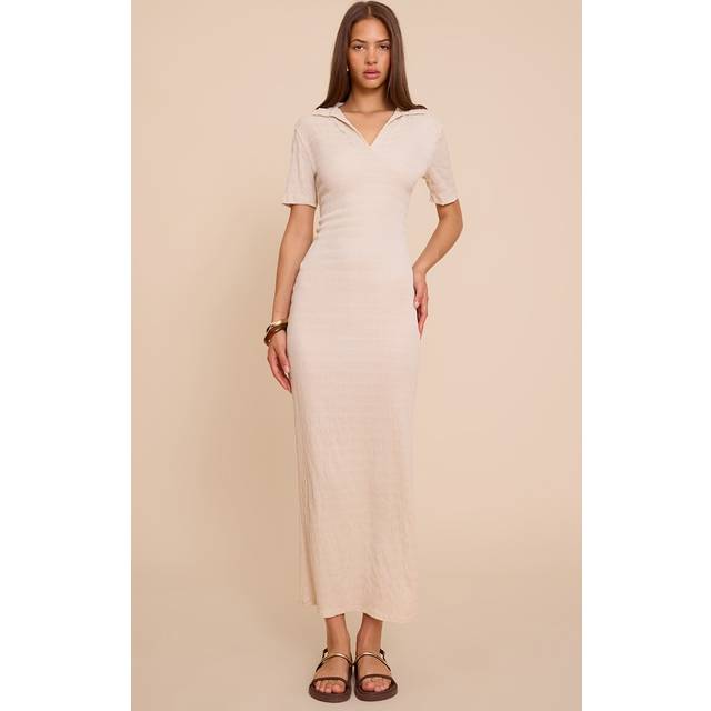 Cream Textured Cap Sleeve Collar Maxi Dress, White - 12
